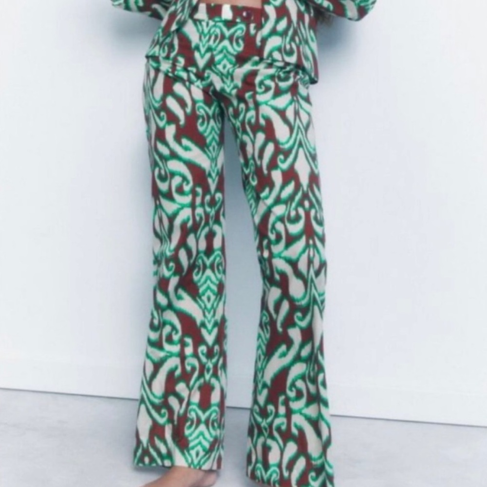 ZARA Cotton Printed‎ Green Cream Brown Pants Size M NWT